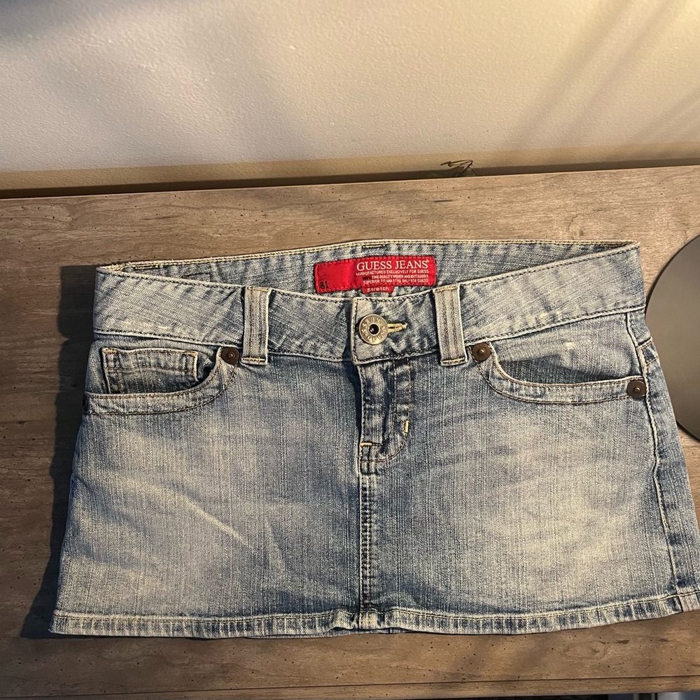 GUESS Denim Lightwash Mini Skirt paired with GUESS Bling Tank Top in White.